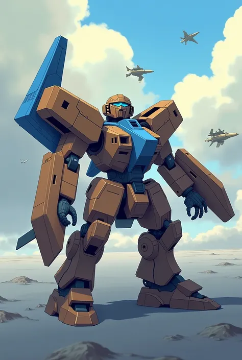 A light war vehicle colored brown and blue, in a battle. The style is futuristic anime. The setting is clean and minimal, no text or symbols. The colors are flat and stylized, resembling traditional anime aesthetics, with clean lines and bold shading.