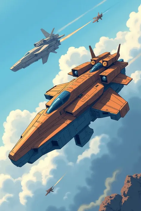 A light war vehicle colored brown and blue, in a battle. The style is futuristic anime. The setting is clean and minimal, no text or symbols. The colors are flat and stylized, resembling traditional anime aesthetics, with clean lines and bold shading.