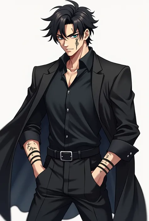  Make the anime-style drawing of a man in a black dress shirt with the sleeves folded up to the elbows,  a black pants with a belt ,  and a black coat tied around the waist , Black hair licked ,  and black markings on his body ,  mainly two subsequent line...