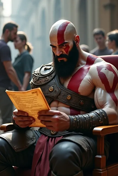 Kratos reading a script sitting in a chair in a movie set