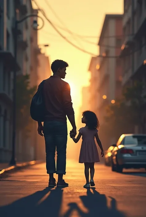 A black father with his little daughter walking through lonely street looking up rising their hands 