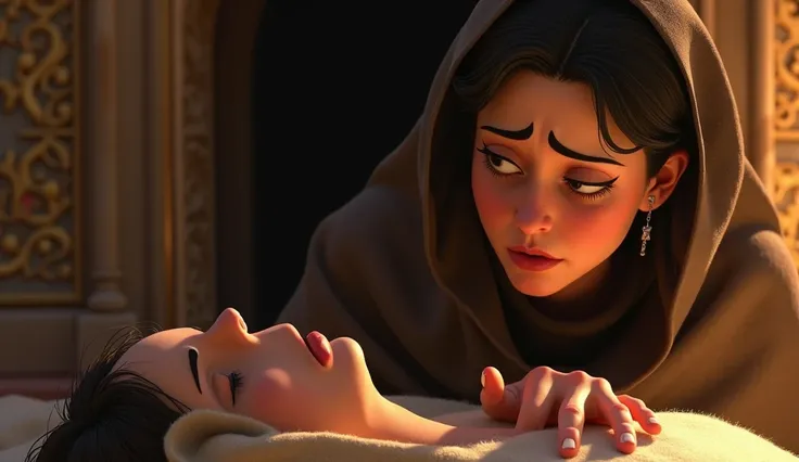  a woman from Jerusalem , with her face in the sepulcher ,  mourning the death of her son, Scene comes to life with the magic of Pixar animation