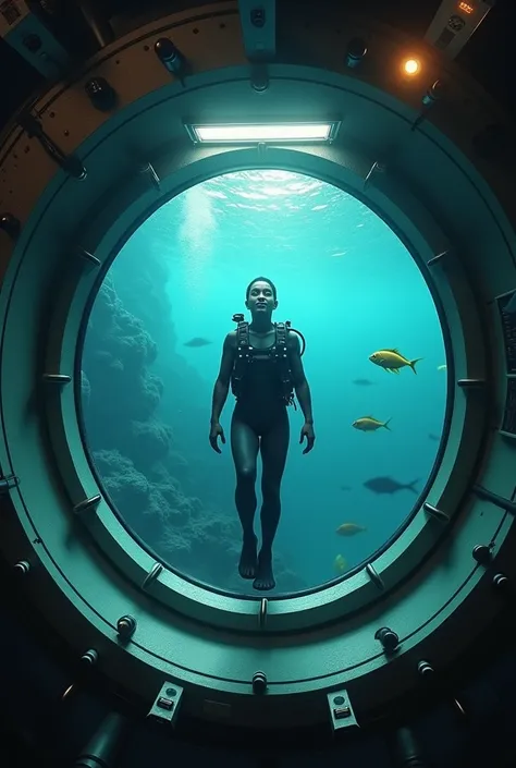 Draw me a diver who greets us behind the porthole of the submarine in which we are in an immersive view 