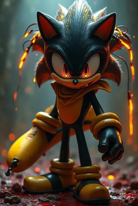 
Make me a golden and black Sonic villain,  harlequin style ,  boomerganue banana weapon , crazy hair ,  his attitude is dark {x} his hair is with orange neon lights,  and he is dark in his attitude ,  the image is very gory ,  even horror , 


