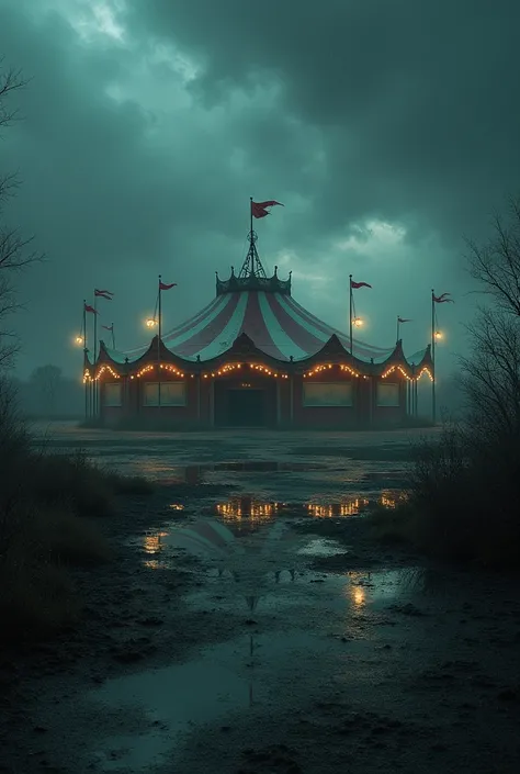 an old abandoned circus quite large and in the night with rain