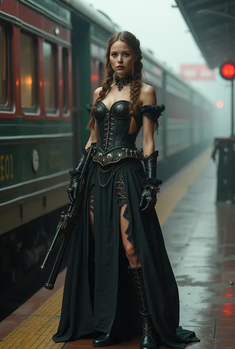 Steampunk Train Station, waiting Steampunk Train, fog, Steampunk atmoshere, Masterpiece, best quality, ultra high resolution, 4K detaillierte CG, strahlende Augen, Steampunk, mit schwarzem Split-Off-Meshkleid und Stiefeln, Full body shot, stands next to th...