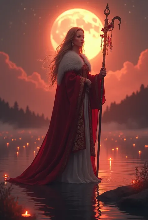 A very big Christmas shepherdess, very beautiful red color ,  on a lake on a moonlit night