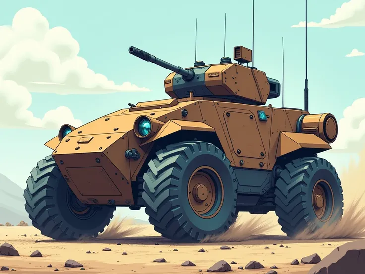 A heavy war vehicle colored brown and blue, in a battle. The style is futuristic anime. The setting is clean and minimal, no text or symbols. The colors are flat and stylized, resembling traditional anime aesthetics, with clean lines and bold shading.