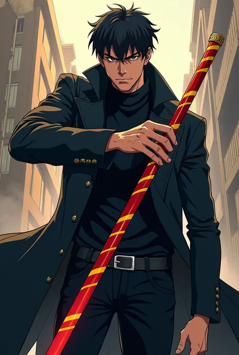  A 25-year-old man wearing dark clothes with an extremely long cane as a weapon in Red with Yellow Stripes. Wearing a black trench coat and anime version 