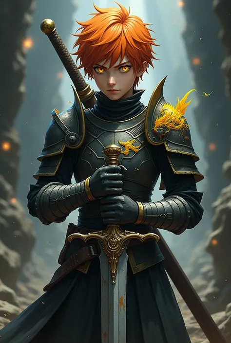 anime dark style, boy,high,  teenager, orange hair,  yellow eyes , Armor,  big sword , Some yellow dragon scales