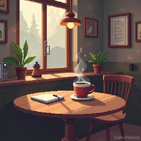  A pixelated table in a cozy coffee shop, with a drink and a notebook .