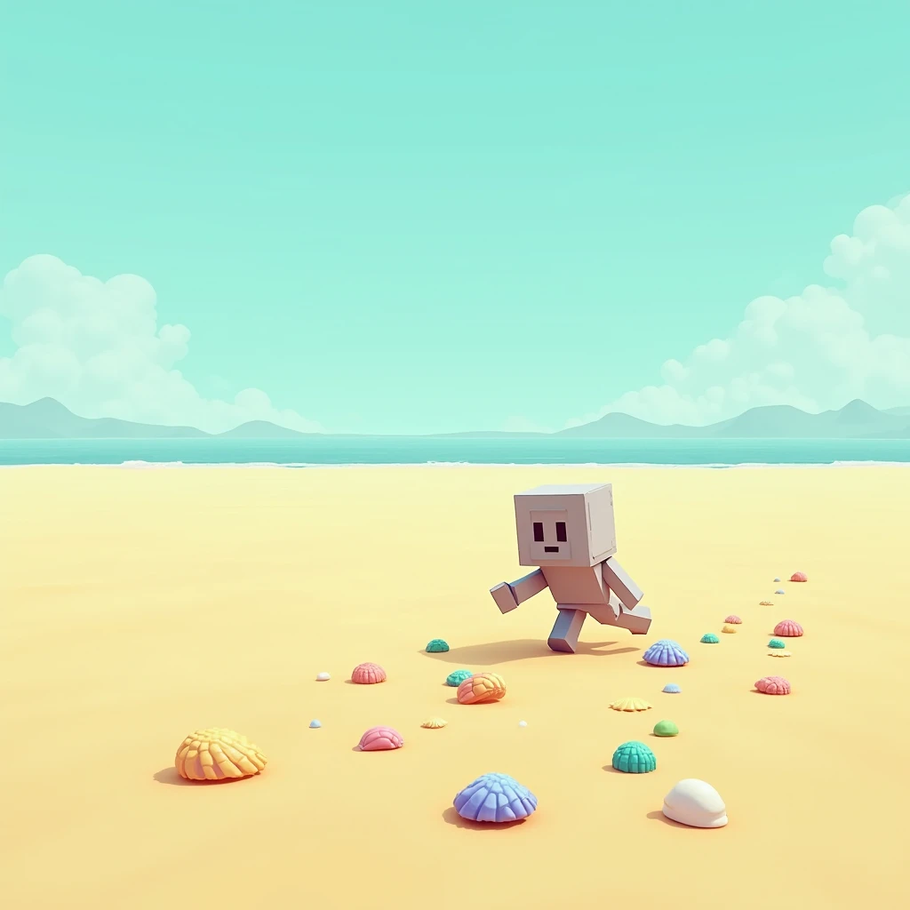  The pixelated character on a deserted beach, collecting shells .