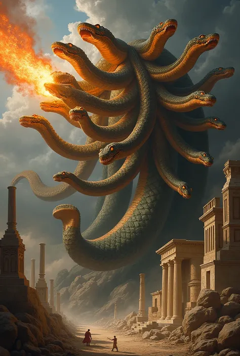 Snake monster with 10 heads, huge, throwing fire rocks from its heads, painting like, greek mythology, greek mythology style, mythology 