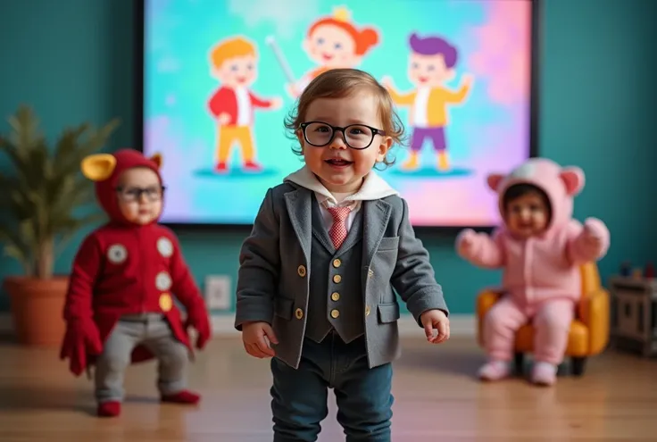 A one-year-old baby standing and smiling, dressed in a professors outfit with glasses and a tiny suit, positioned in the center of the image. The baby is looking directly at the viewer. The background features a colorful screen with other babies dressed in...