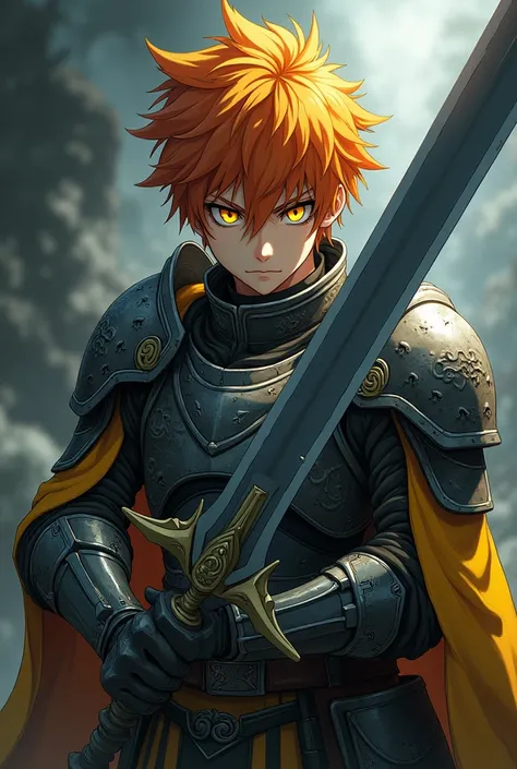 anime dark style, boy,high,  teenager, orange hair,  yellow eyes , Armor,  big sword , Some yellow dragon scales