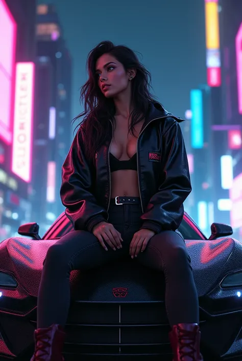 Sexy cyberpunk teen, wearing cyberpunk outfit and bomber jacket =,  medium nipples exposed, deadpan face side profile sitting on the hood of cyberpunk car, overlooking cyberpunk city background, at night, neon signs