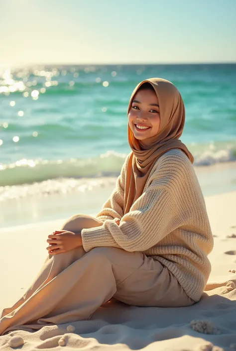  Make a very amazing picture of a beautiful Asian woman,wearing a switter and hijab , was sitting on a white sand on the beach sparkling by the morning sunshine , she looks at the camera with a smile
The background of the open ocean expanse and the beautif...