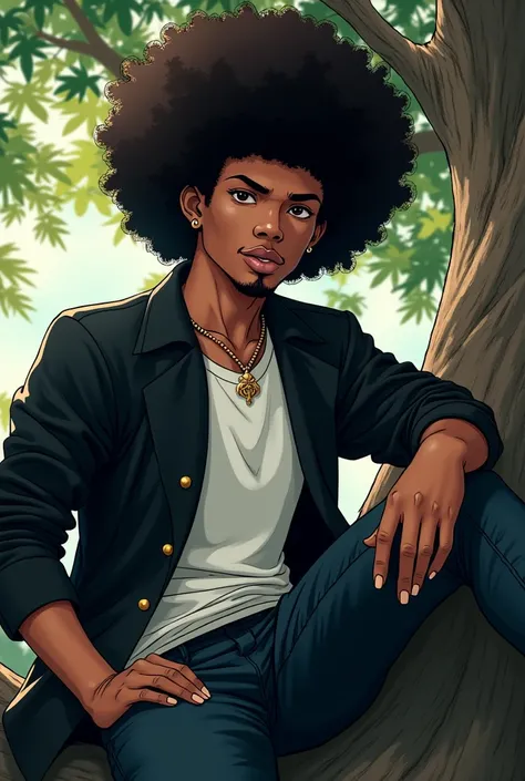 (Black, attractive young adult 20 years, dark skin, black eyes, pierced ears, big afro hair, closed, round hair, Goatee , wearing a black
coat with a white shirt inside, dynamic pose, he is sitting in a tree, dominant, art in anime Comics