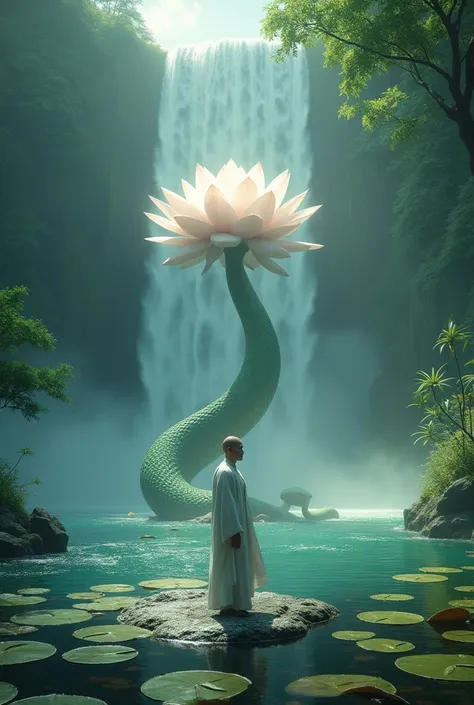 Highly detailed film water and ocean palette, a bald monk standing at the waters edge in white Hanfu, a huge green snake, a huge lotus flower in white, a very tall waterfall, exquisite facial details, spotlights, perfect composition, surreal, ultra-detaile...