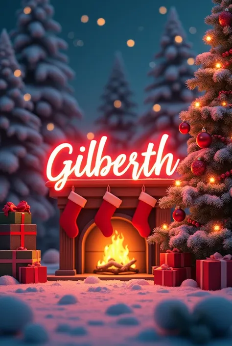 Generate a fairly realistic Christmas image with the name "Gilberth José" in the center in red with white edges 