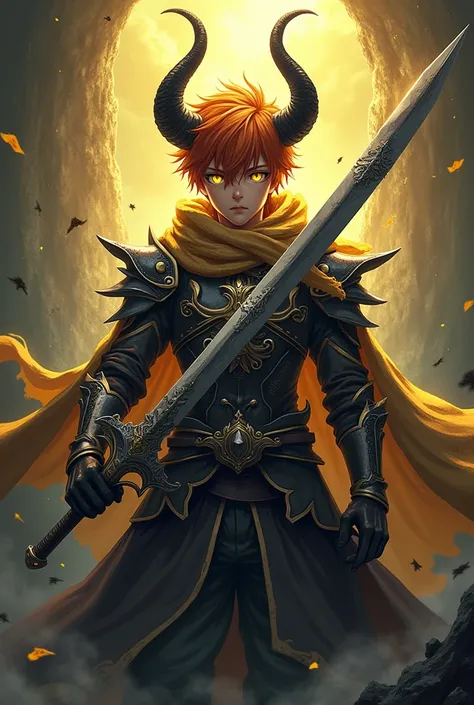 anime dark style, boy, teenager,high, orange hair,  yellow eyes , Armor,  big sword , Some yellow dragon scales, black horns