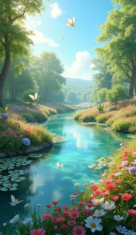 Background: a beautiful clear day of realistic sunshine with realistic white butterflies flying and large colorful gardens, large vegetation and lake, realistic reflection