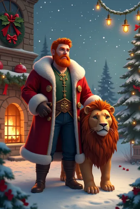 A redheaded man accompanied by a lion 

Christmas theme 