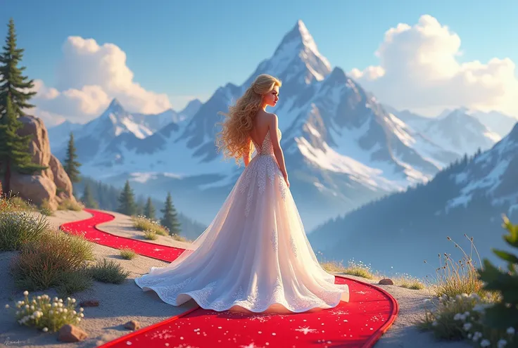 a ,  ,  long hair,  blond hair,  curly hair,  wedding dress .

(scenario, a red carpet in the middle ,  the one on top of a mountain .)

( 3D image quality Disney style animation)