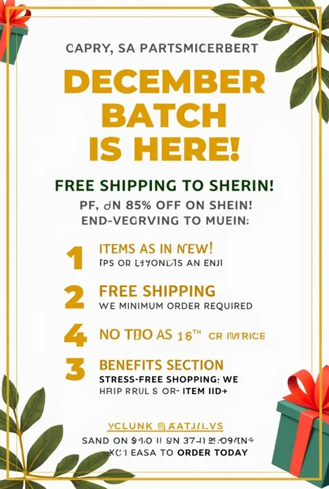 Design a square Instagram flyer for my SHEIN personal shopping service’s December batch. Use a clean, festive layout with a white or soft beige background and bold accents of gold, green, and red.

Header: ‘✨ DECEMBER BATCH IS HERE! ✨’ (large, bold, and ce...