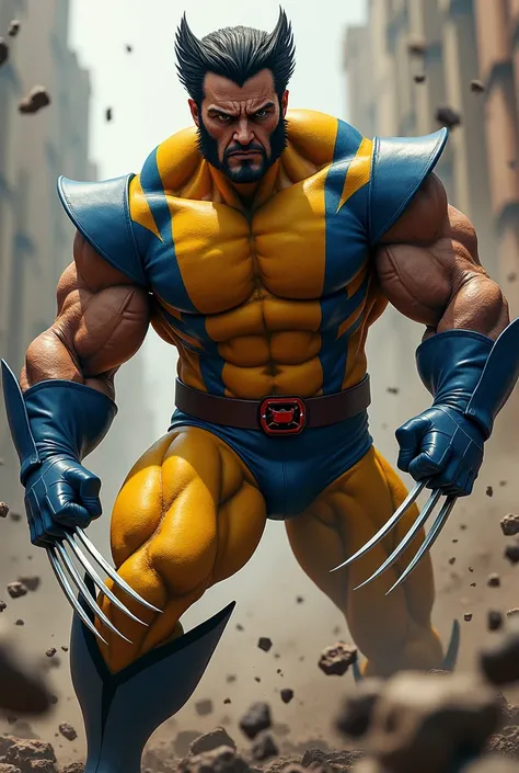 Wolverine muscular character men X with original costume from the Marvel universe explosion of broken stones head-on