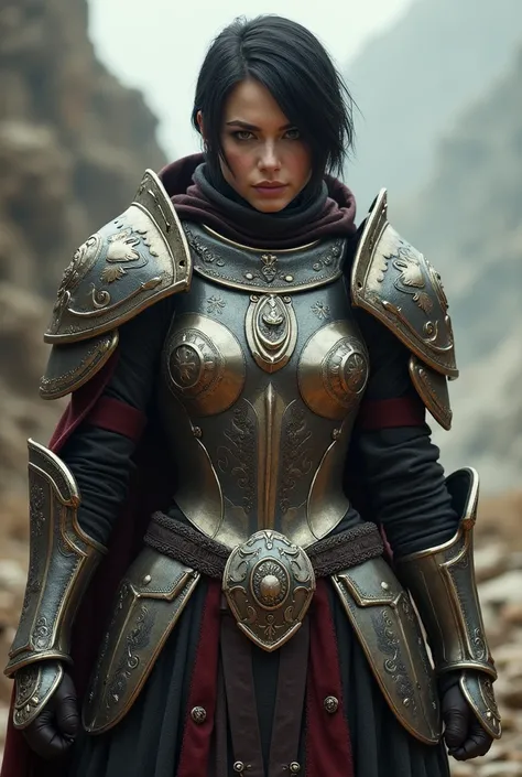 Woman in heavy armor,  short black hair, salary