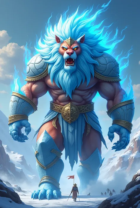 Barong,  General of the Icefire Legion is a gigantic lion ,  with his mane made of blue-white fire and his body covered with armor made of ice.  His chest and legs are covered with crystalline ice plates ,  while his mane burns fiercely ,  creating a contr...