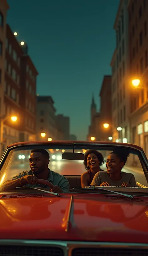  A black man with short hair and a goatee is driving a red car, visibly old .  Two friends are in the back seat holding a musical keyboard , laughing and talking. The scene is nocturnal ,  with yellowed street lights illuminating the car ."