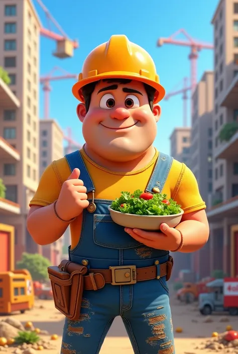 Pixar movie poster . Title: Kikito .  Is a construction worker, eating salad 