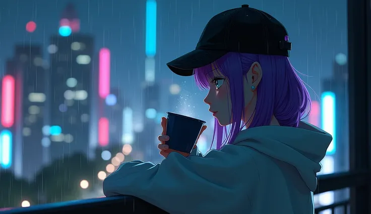 1 girl, Hoshino Ai, Stars in my eyes, black cap, purple long hair, white hoodie, pastel white, cyberpunk city night time drinking coffee at home balcony while resting arm on barrier while standing, glaring at the city night, lofi music, raining and face lo...