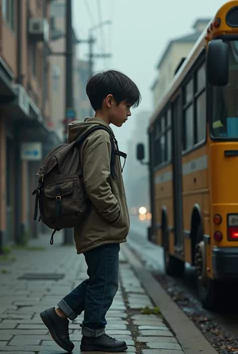 Boy walking sad down the street ,  with a backpack on his back gets inside the bus sit down and put on his headset to listen to music