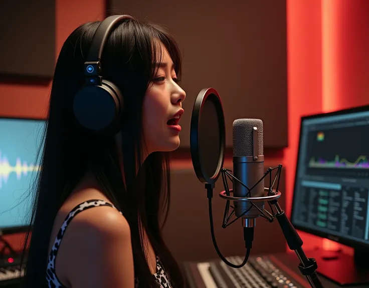 asian woman, 18yo, singer, in the studio recording vocals, black straight hair, singing