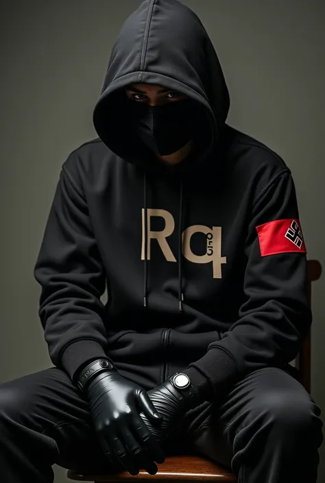 Create a man all in black , black hoodie black blouse black sneakers and a latex or rubber glove ( doctors glove ) black horse and a Red Nazi stripe on his right arm , make him sit on a black, with your name written on the shirt "Rq" 