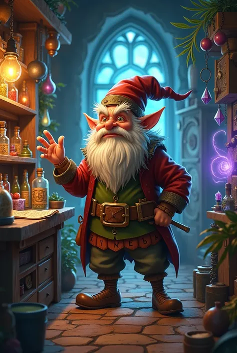 gnome, seller,  inside Magic Store , bearded, Kind of crazy ,  magic items ,  Magic and Fantastic Store 