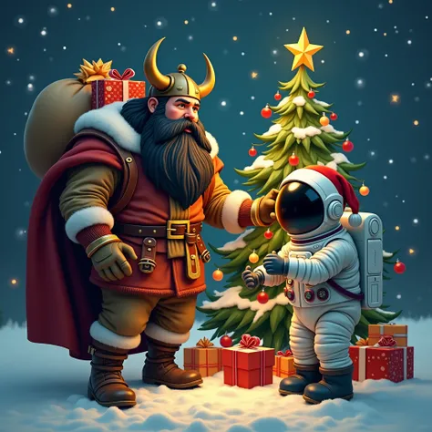 I want an image with a bearded black-haired Viking who wears a Christmas costume and who with his left hand holds a sack full of Christmas presents on his shoulder and who is accompanied by an astronaut who is wearing a Christmas hat and is decorating a Ch...