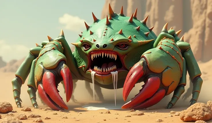 A green and light green crab-shaped monster。 has sharp eyes and wide open mouths lined with sharp teeth、 has white drool hanging from its mouth 。It has huge, powerful red scissors 、 has thorn-like protrusions on its back 。The background is the desert、 real...