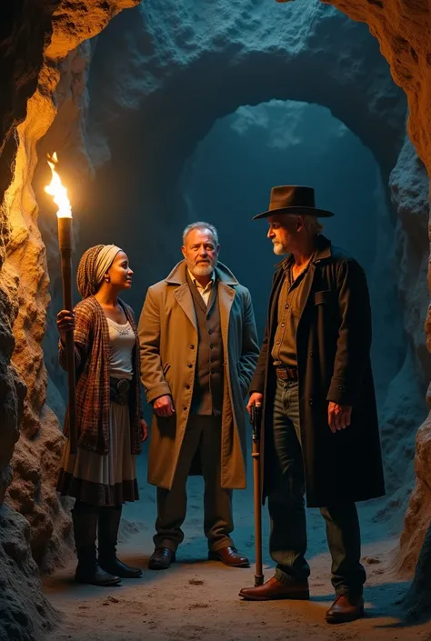  a cave and the only lighting is a torch held by a braided black woman boxer and dress clothes,  right next to him a white farmer with blond hair and plaid clothes and a headscarf ,  in front a tall and strong white man with a trench coat ,  medium hair up...