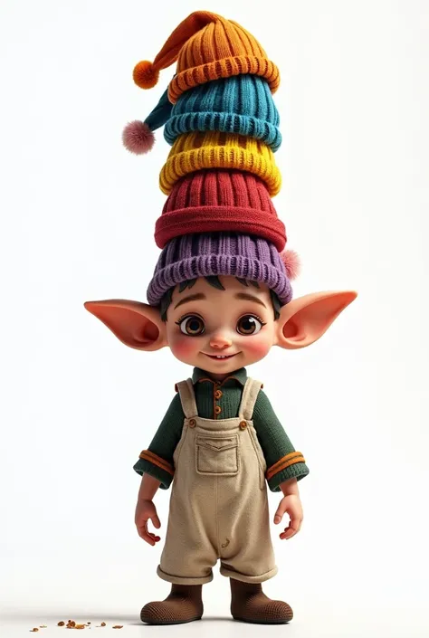 Hogwarts kitchen elf wearing many colorful knitted hats piled high, white background, full body