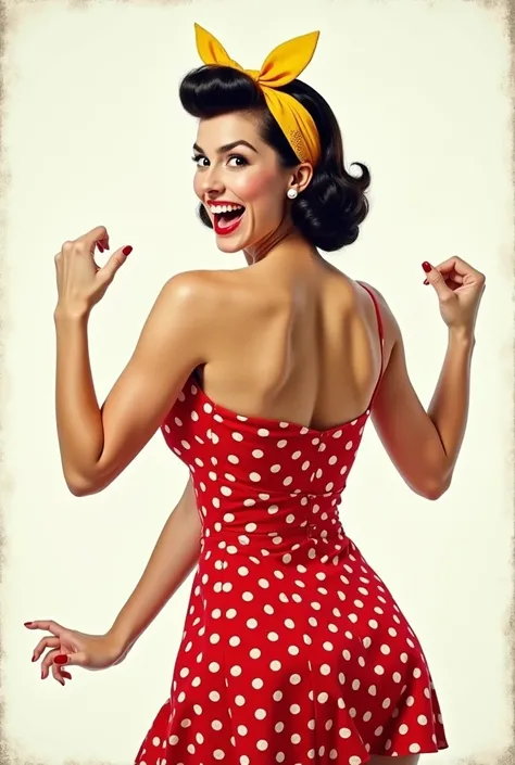 P: photo of exited pin up girl looking camera, yellow bandana bow, red dotted dress, smiling, white background --ar 5:6 --style raw --stylize 200