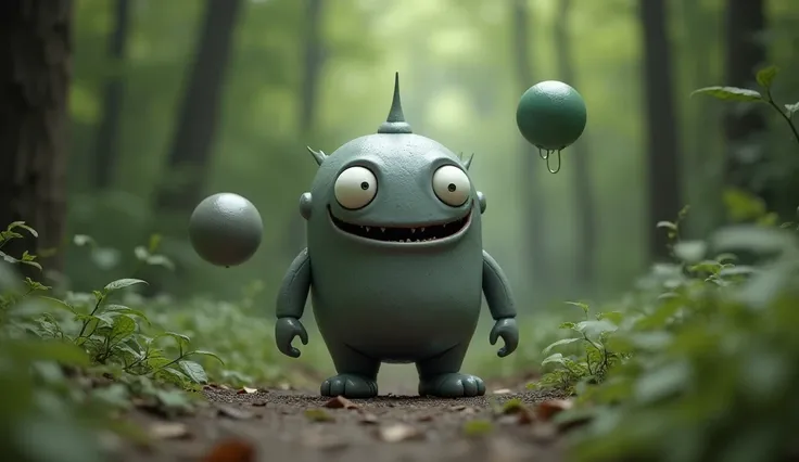 The gray flat monster 、 A big smile and white round eyes are drawn in the center 。 with a smooth surface has a gray sphere floating around it that looks like it has scattered from slime、A green sphere that looks like it was scattered from slime floats arou...