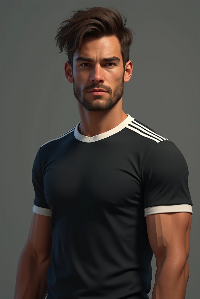 Make an ultra-realistic representation of an athlete . he is a man, ugly,  has indigenous features ,  dark eyes, high, strong. Does he have medium size brown hair, no beard.  Shes wearing a black t-shirt with white lines on the shoulders and a white collar...