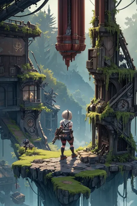 girl character style game contra, with big gun in hand , SHORTS VERY SHORT,  Rayman Legends style art with dark theme, NieR Automata, Scenery with forest and ruins in the background, Side Scrolling 2D Game View, focus on the character, girl character style...