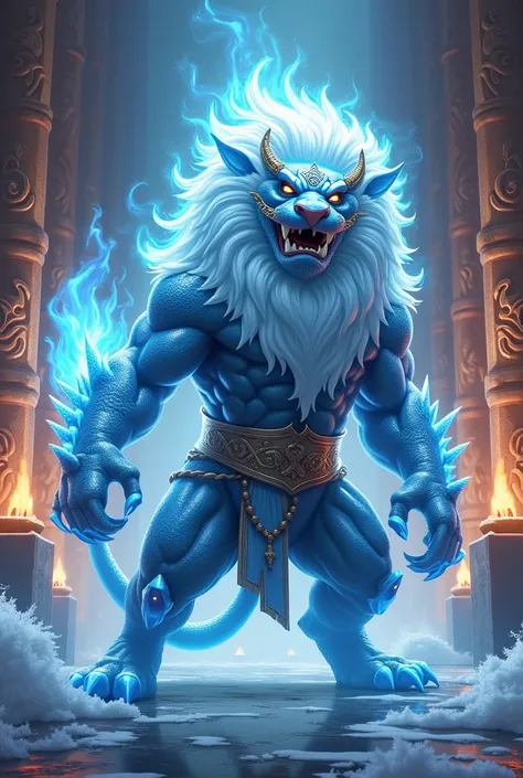 Barong,  Sage of the Dual Elements has the appearance of a powerful lion of fire and ice .  His muscular body is covered with a thick mane that burns with white flames and blue ,  while his back and legs are covered with glistening ice .  His face has a ce...