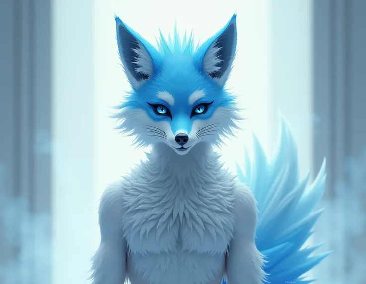 a hybrid boy of human and fox with white and blue colors ,half naked