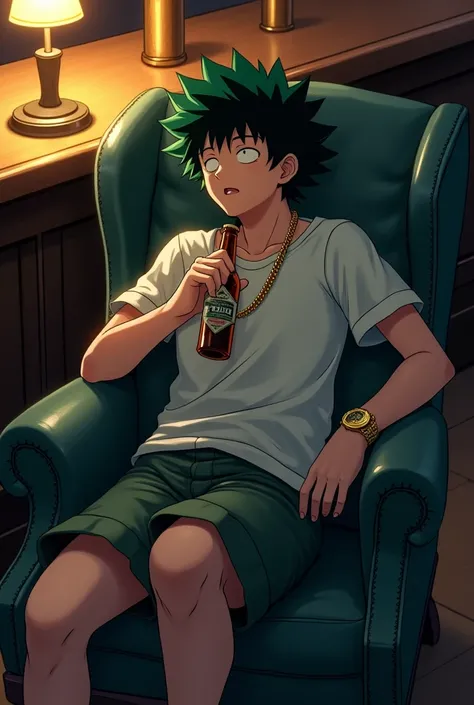 in a bar, deku, an anime character called My Hero Academia , Is drunk ,Deku is wearing a t-shirt and shorts , gold watch and necklace he has a bottle of beer in his hand because he slept right after drinking it, he lies down in one chair  and sleeps